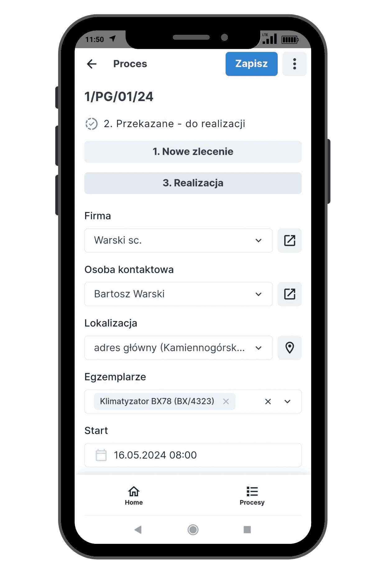 Karta procesu w aplikacji do obsługi zleceń.