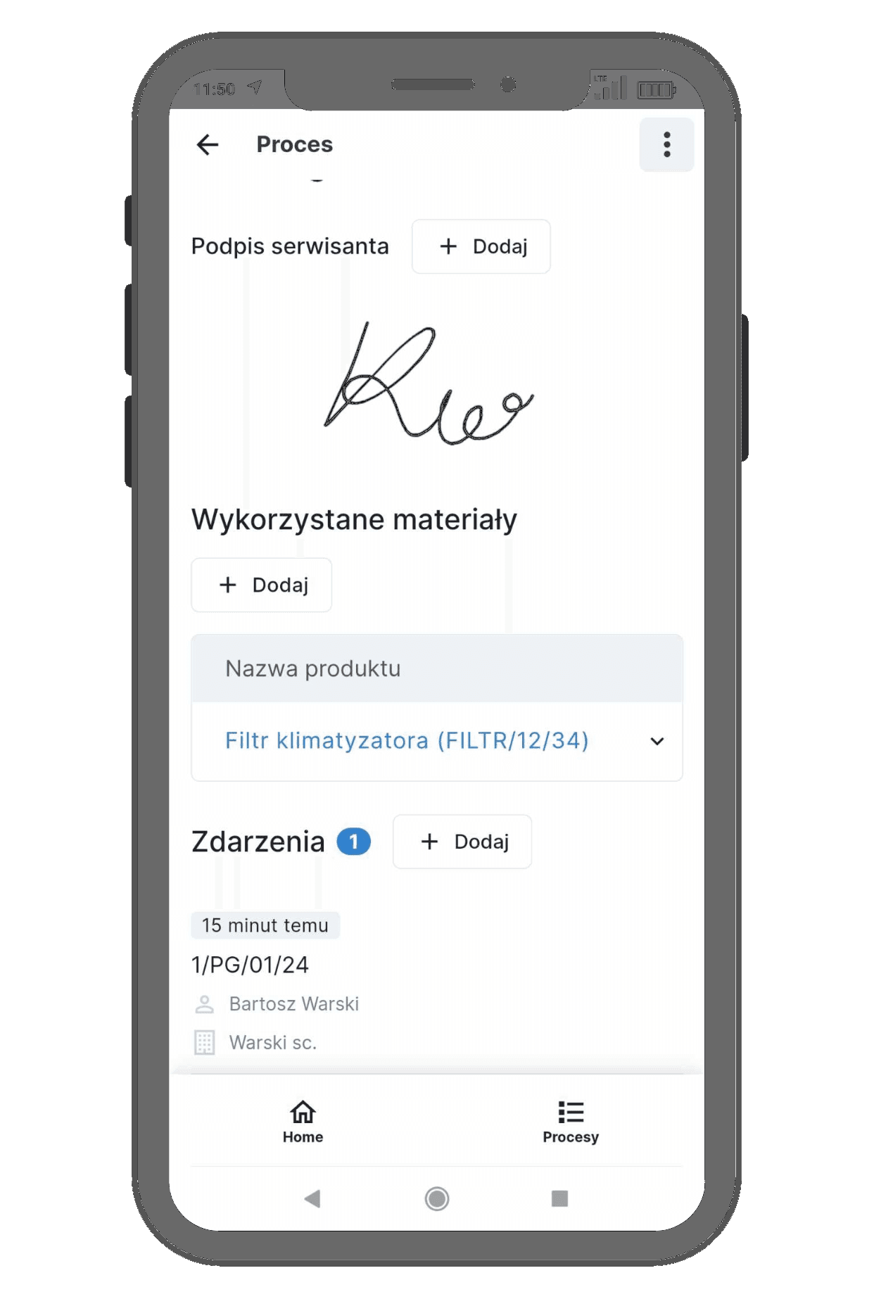 Informacje o zleceniu w aplikacji do obsługi zleceń.