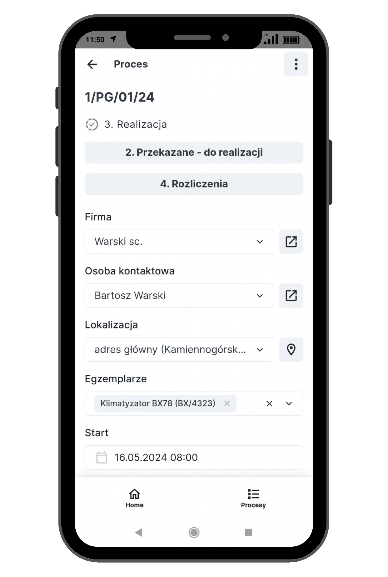 Karta zlecenia w aplikacji do obsługi zleceń.