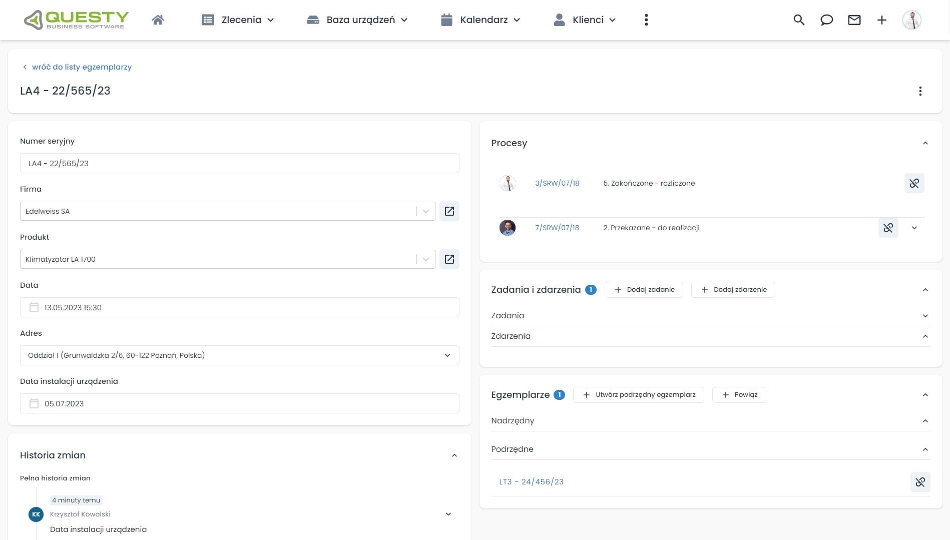 Panel produktu serwisowanego w programie do zarządzania usługami.