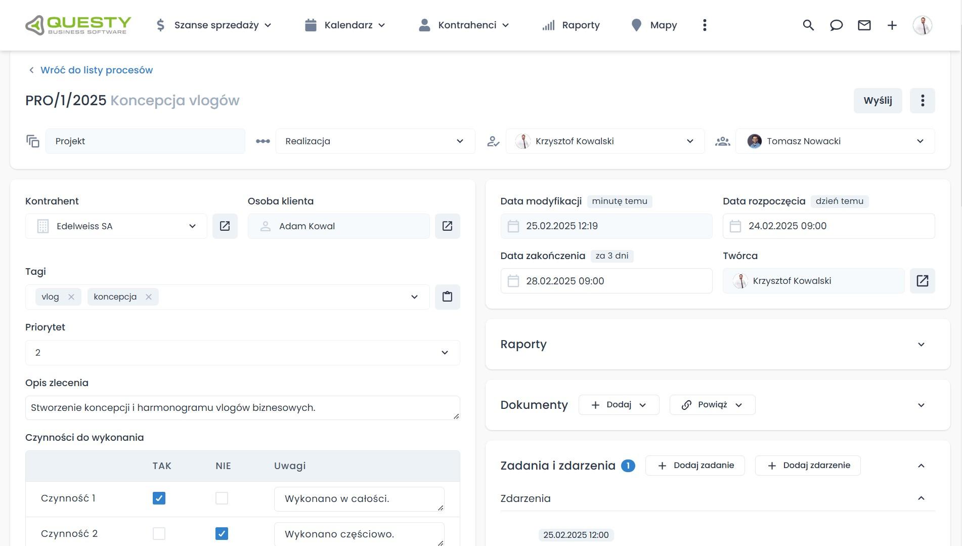 Zarządzanie zespołem marketing na karcie zlecenia w systemie CRM.