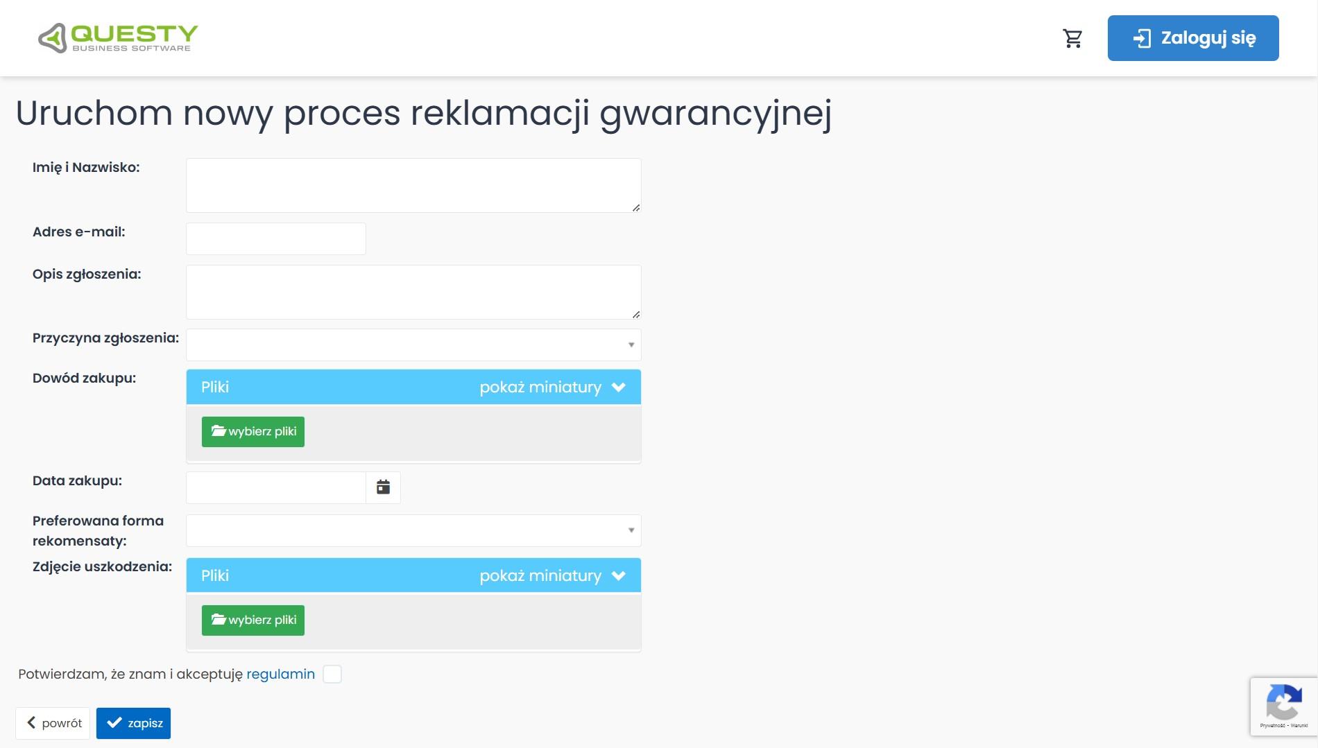 Formularz klienta w reklmacji online.