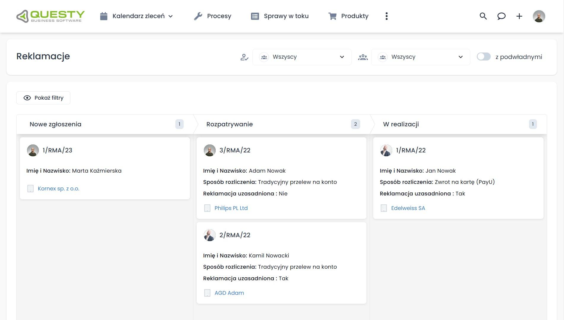 Widok kanban w obsłudze reklamacji online.