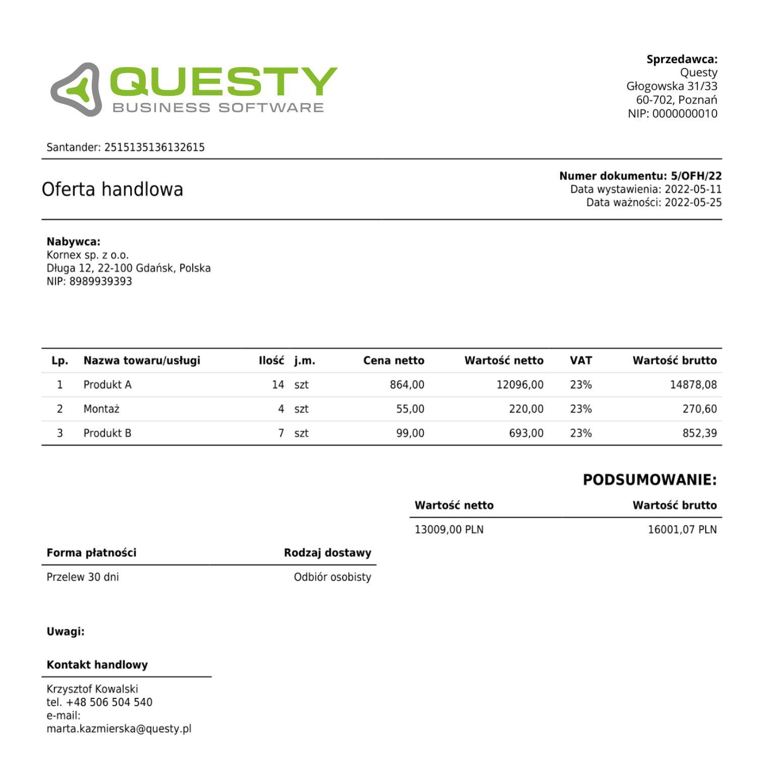 Ofertowanie w CRM - szablon oferty.