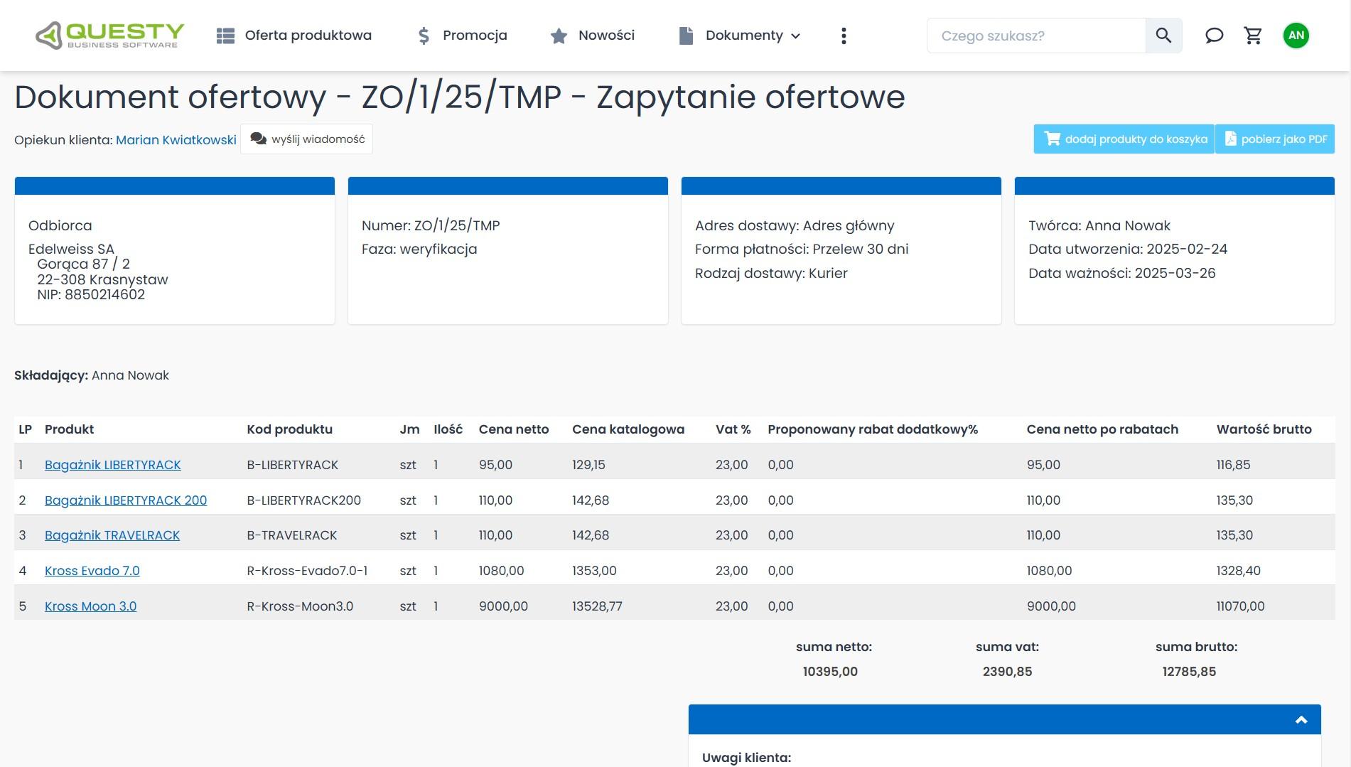 System B2B funkcje - składanie zapytania ofertowego.